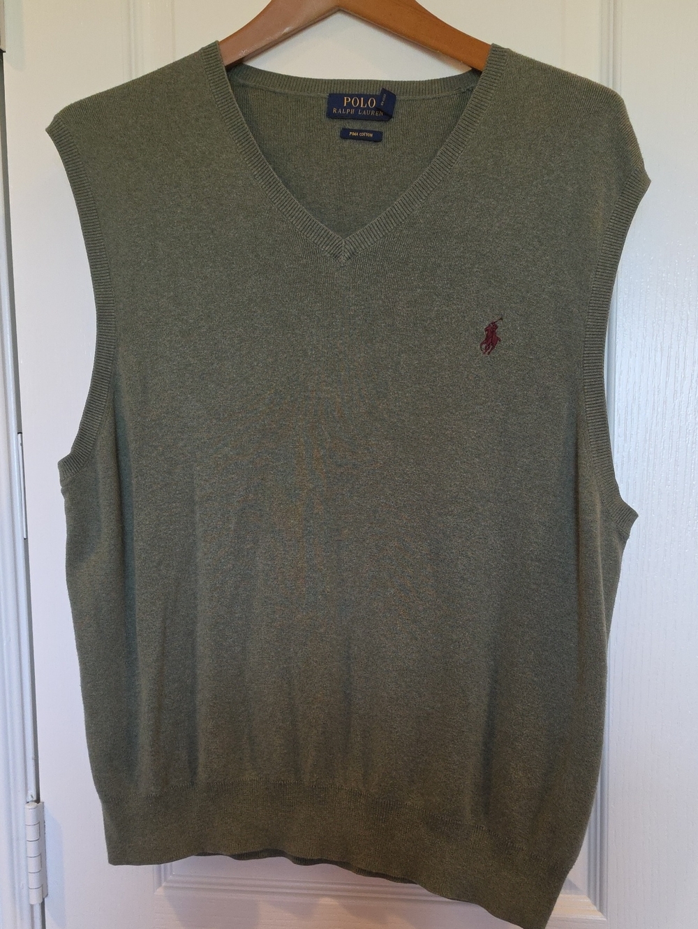 Large, Polo by Ralph Lauren Olive Green V-Neck Sweater Vest with Maroon Pony